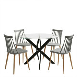 Dhomë ngrënieje me karrige Aurora gri dhe tavolinë Antoro xham me metal të zi Φ80x75cm set 5 copë