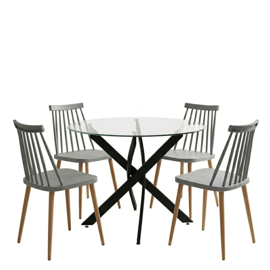 Dhomë ngrënieje me karrige Aurora gri dhe tavolinë Antoro xham me metal të zi Φ80x75cm set 5 copë