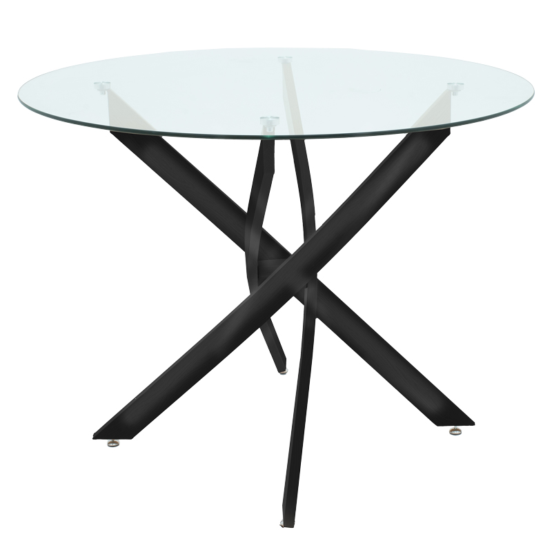 Dhomë ngrënieje me karrige Aurora gri dhe tavolinë Antoro xham me metal të zi Φ80x75cm set 5 copë