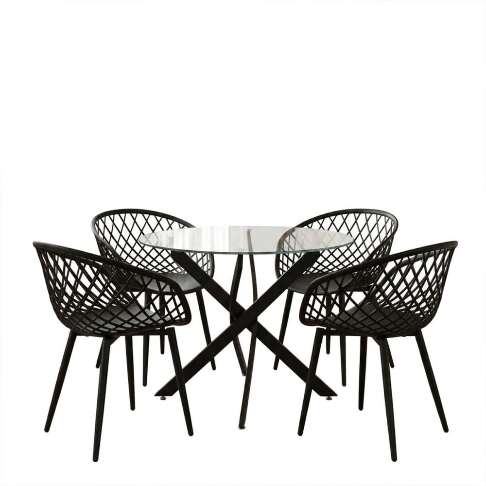 Dhomë ngrënieje me karrige të zeza Ezra dhe tavolinë xhami Antoro me metal të zi Φ80x75cm Set 5 copë
