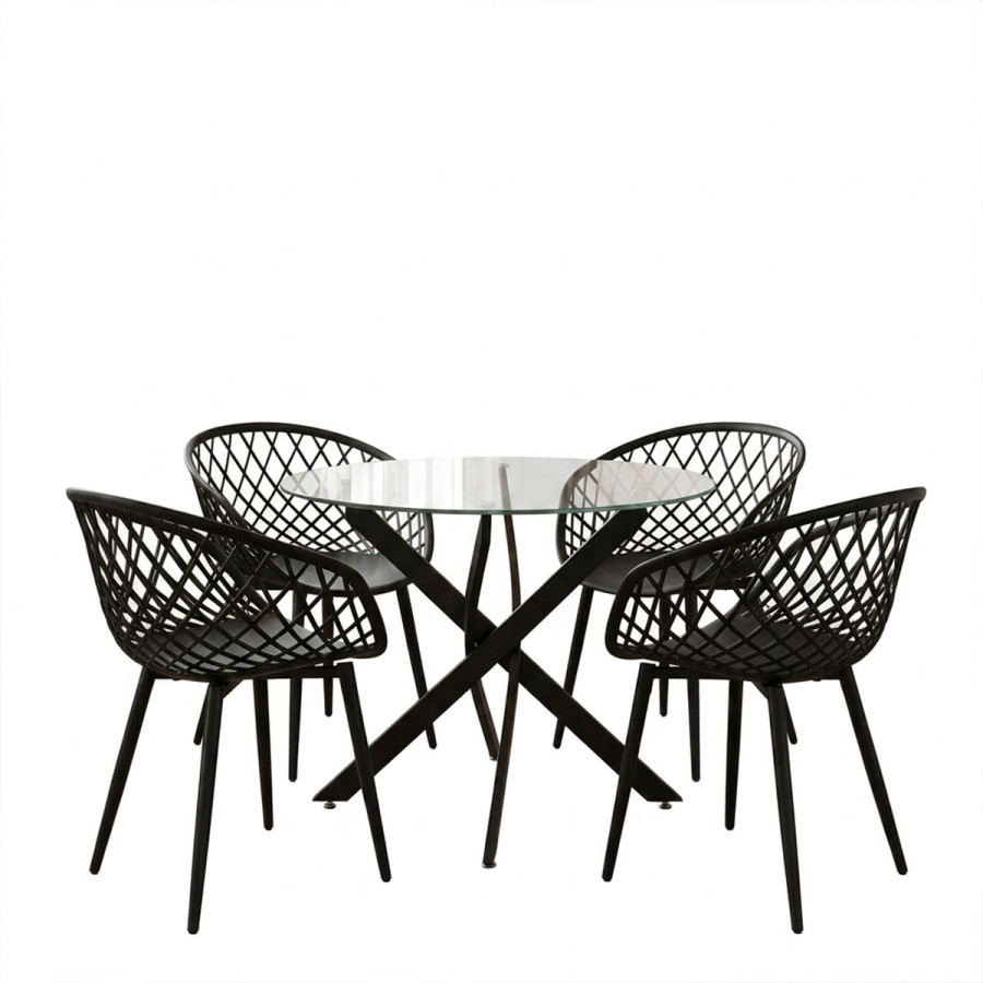 Dhomë ngrënieje me karrige të zeza Ezra dhe tavolinë xhami Antoro me metal të zi Φ80x75cm Set 5 copë