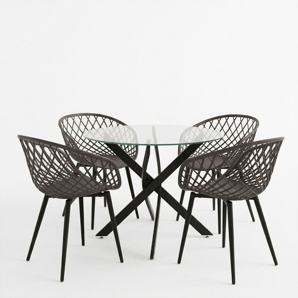Dhomë ngrënieje me karrige antracit Ezra dhe tavolinë xhami Antoro me metal të zi Φ80x75cm Set 5 copë