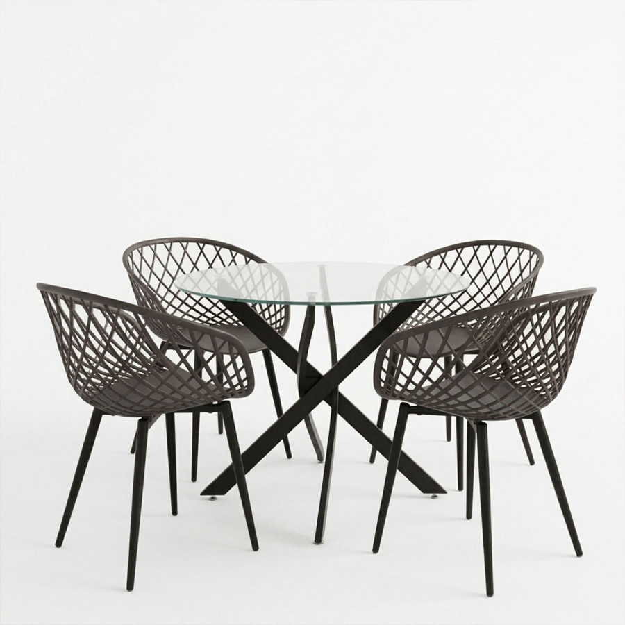 Dhomë ngrënieje me karrige antracit Ezra dhe tavolinë xhami Antoro me metal të zi Φ80x75cm Set 5 copë