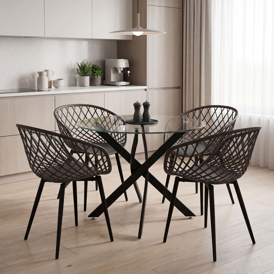 Dhomë ngrënieje me karrige antracit Ezra dhe tavolinë xhami Antoro me metal të zi Φ80x75cm Set 5 copë
