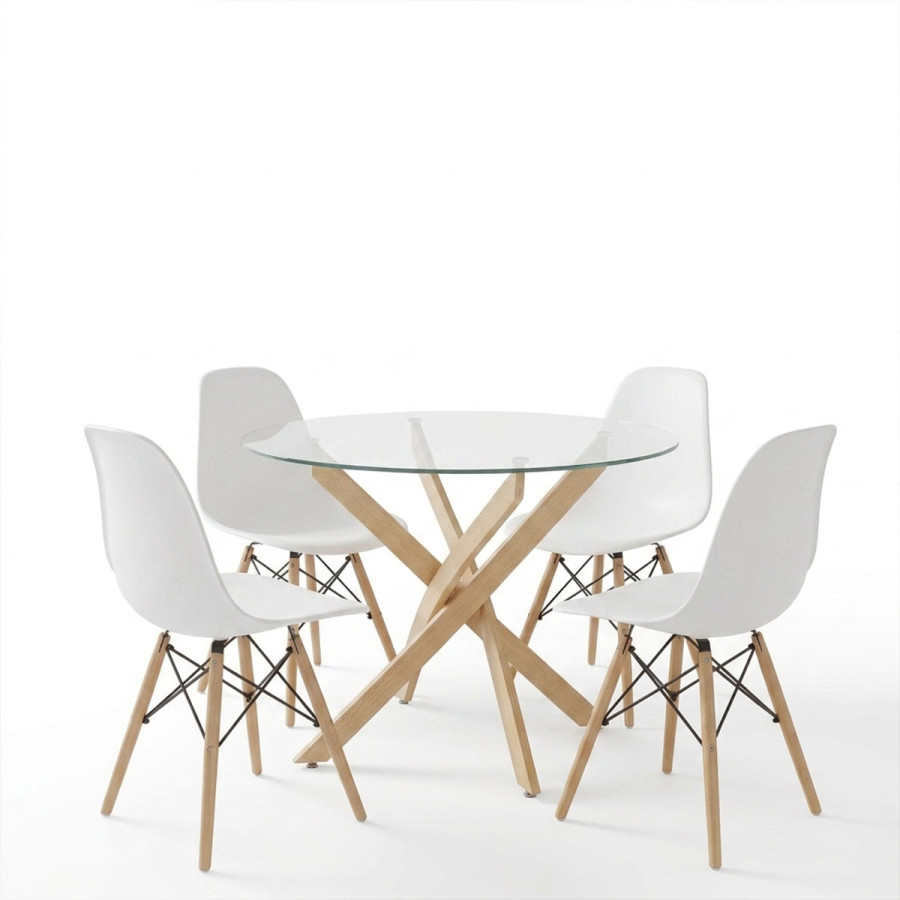 Set ngrënie Julita me Karrige të Bardha dhe tavolinë xhami Antoro me kornizë metalike në ngjyrë natyrale Ø80x75cm Set 5-copësh