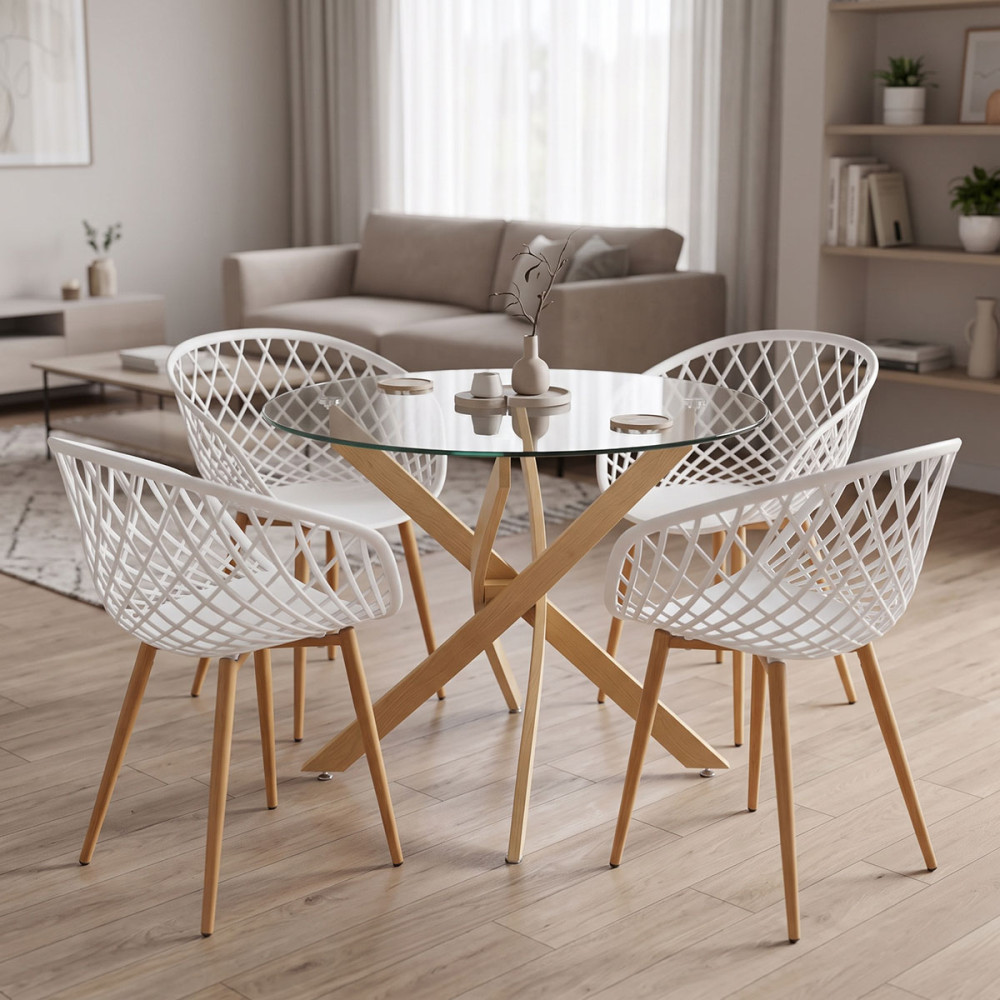 Set ngrënieje Ezra me karrige të bardha dhe tavolinë xhami Antoro me kornizë metalike në ngjyrë natyrale Ø80x75cm Set 5-copësh