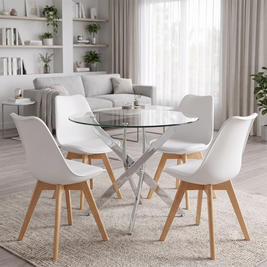 Set ngrënieje Gaston me karrige të bardha dhe tavolinë xhami Antoro me bazë kromi Ø80x75cm Set 5-copësh