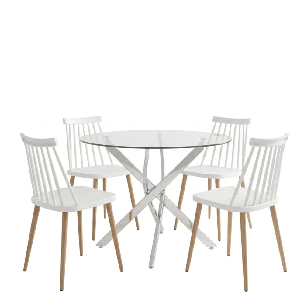 Set ngrënieje Aurora me karrige të bardha dhe tavolinë xhami Antoro me bazë kromi Ø80x75cm Set 5-copësh