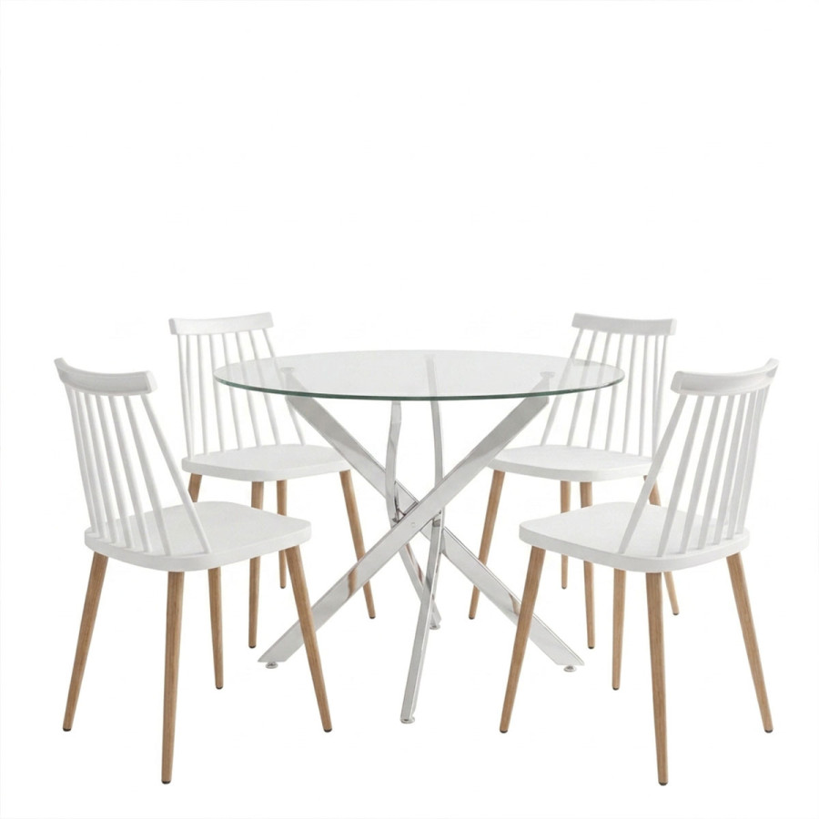 Set ngrënieje Aurora me karrige të bardha dhe tavolinë xhami Antoro me bazë kromi Ø80x75cm Set 5-copësh