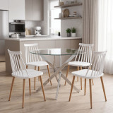 Set ngrënieje Aurora me karrige të bardha dhe tavolinë xhami Antoro me bazë kromi Ø80x75cm Set 5-copësh