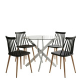 Set ngrënieje Aurora me karrige të zeza dhe tavolinë xhami Antoro me bazë kromi Ø80x75cm Set 5-copësh