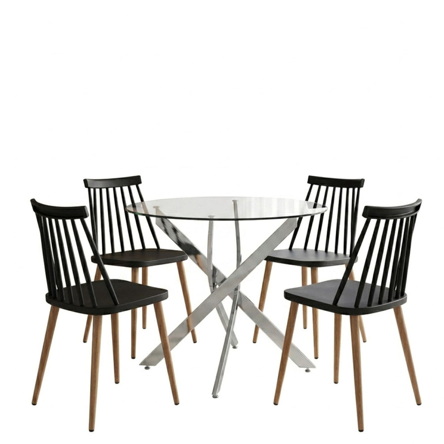 Set ngrënieje Aurora me karrige të zeza dhe tavolinë xhami Antoro me bazë kromi Ø80x75cm Set 5-copësh