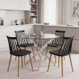 Set ngrënieje Aurora me karrige të zeza dhe tavolinë xhami Antoro me bazë kromi Ø80x75cm Set 5-copësh