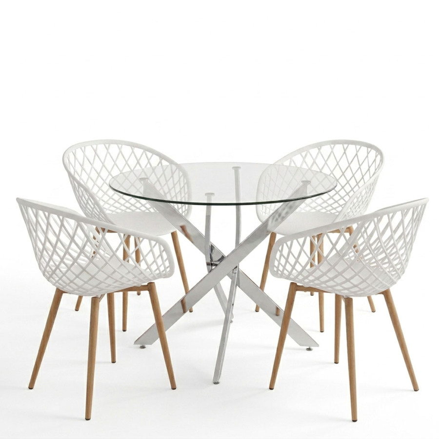 Set ngrënieje Ezra me karrige të bardha dhe tavolinë xhami Antoro me bazë kromi Ø80x75cm Set 5-copësh