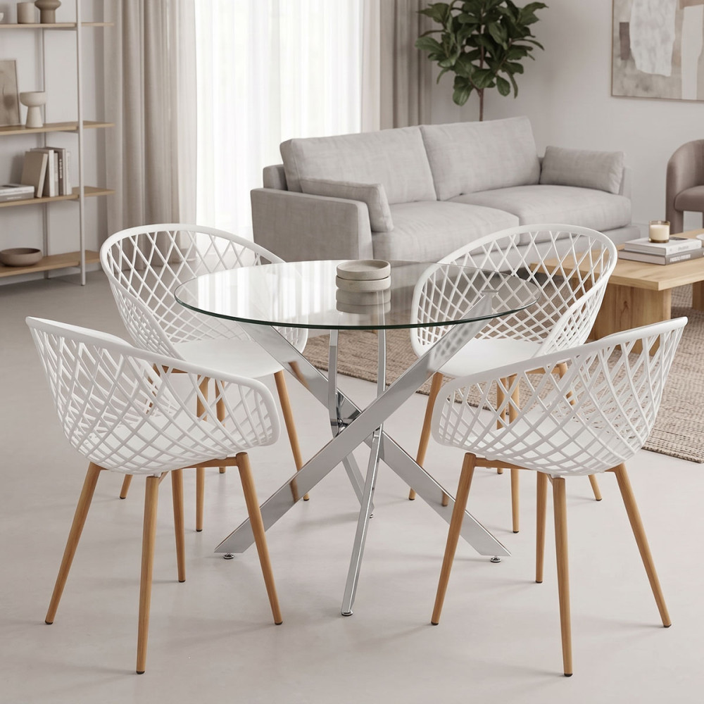 Set ngrënieje Ezra me karrige të bardha dhe tavolinë xhami Antoro me bazë kromi Ø80x75cm Set 5-copësh