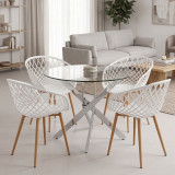 Set ngrënieje Ezra me karrige të bardha dhe tavolinë xhami Antoro me bazë kromi Ø80x75cm Set 5-copësh