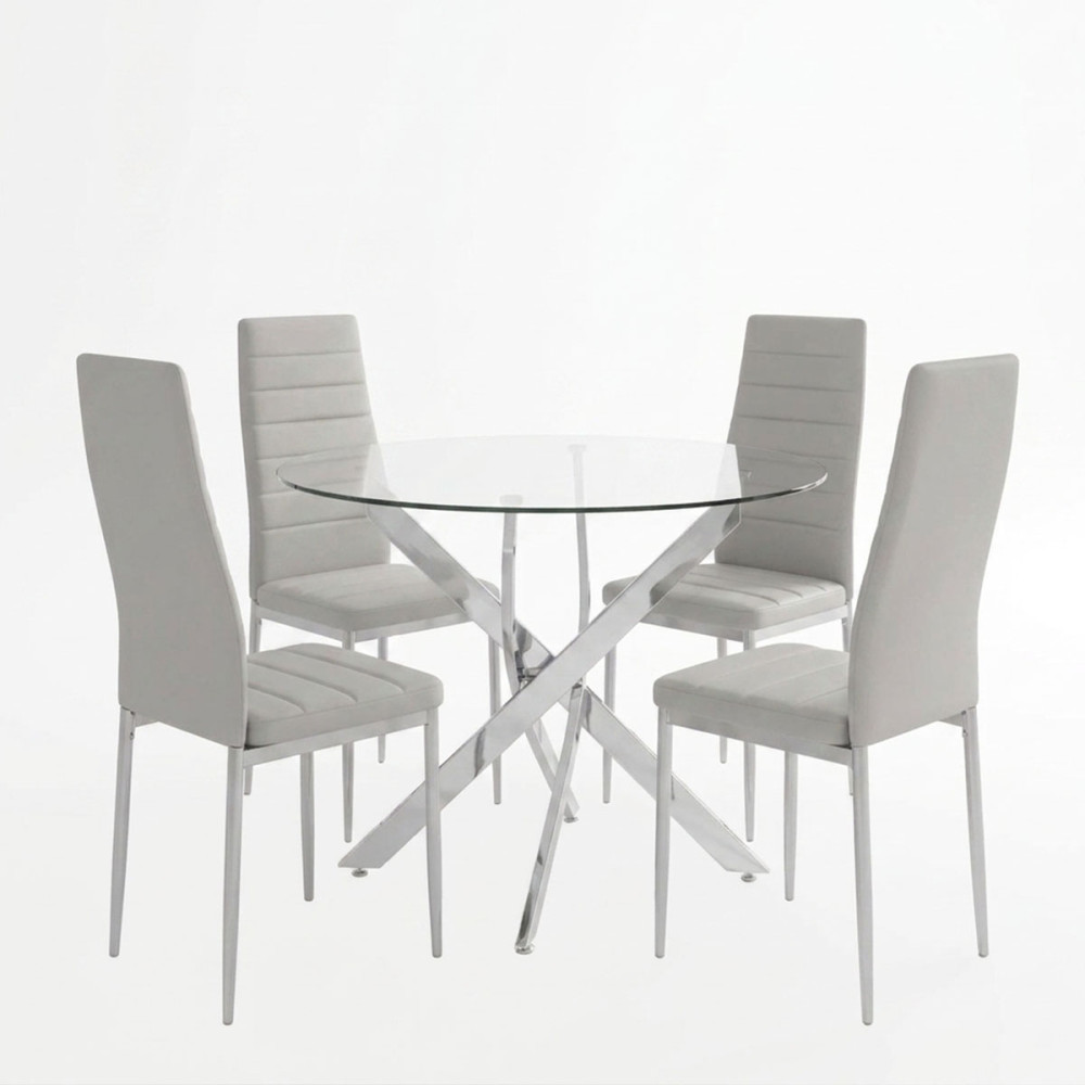 Set ngrënieje Parker me karrige të bardha dhe tavolinë xhami Antoro me bazë kromi Ø80x75cm Set 5-copësh