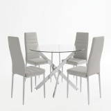 Set ngrënieje Parker me karrige të bardha dhe tavolinë xhami Antoro me bazë kromi Ø80x75cm Set 5-copësh