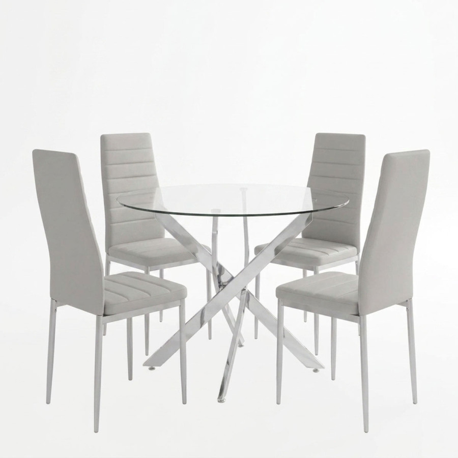 Set ngrënieje Parker me karrige të bardha dhe tavolinë xhami Antoro me bazë kromi Ø80x75cm Set 5-copësh