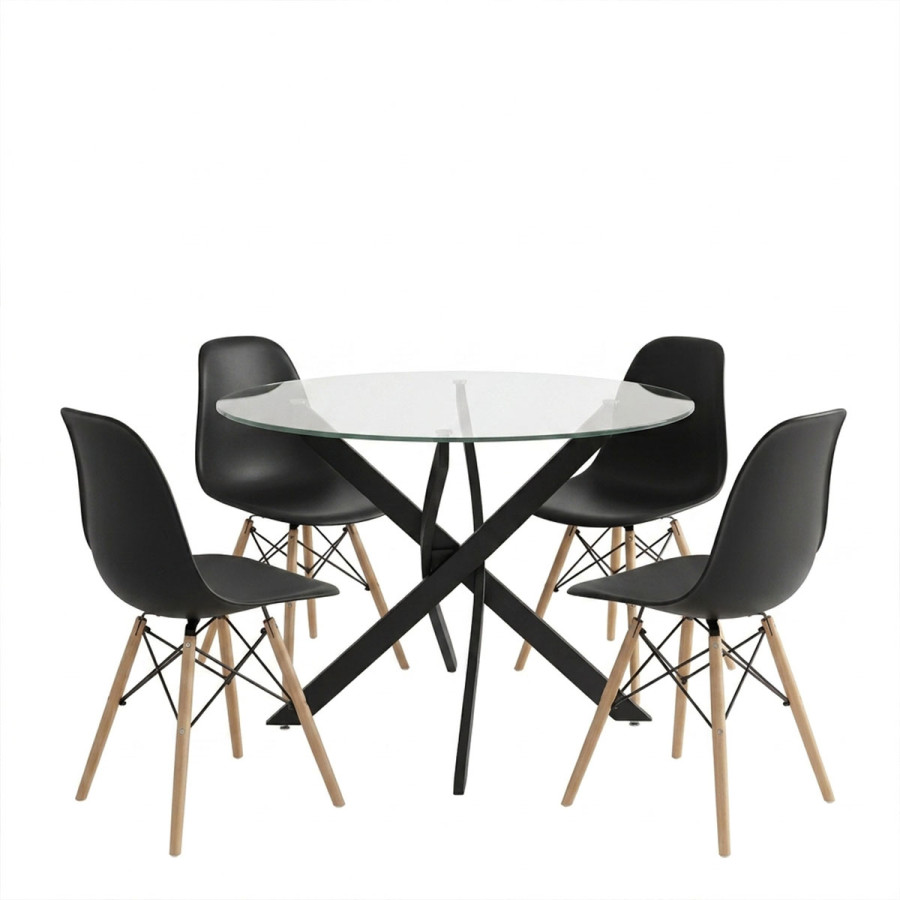 Set ngrënie me karrige Julita të zeza dhe tavolinë xhami Antoro me metal të zi Φ100x75cm Set 5 copë