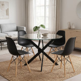 Set ngrënie me karrige Julita të zeza dhe tavolinë xhami Antoro me metal të zi Φ100x75cm Set 5 copë