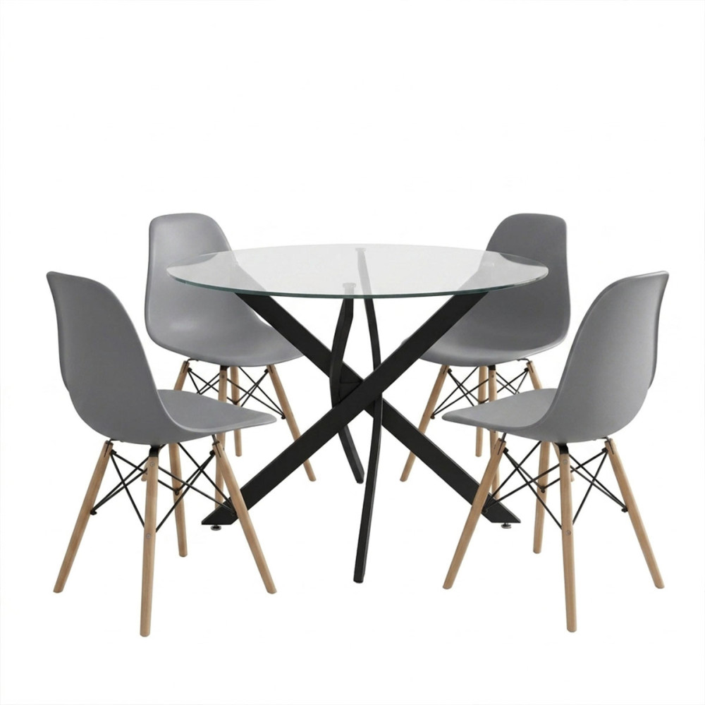 Set ngrënieje me karrige Julita gri dhe tavolinë Antoro xham me metal të zi Φ100x75cm Set 5 copë