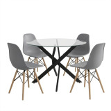 Set ngrënieje me karrige Julita gri dhe tavolinë Antoro xham me metal të zi Φ100x75cm Set 5 copë