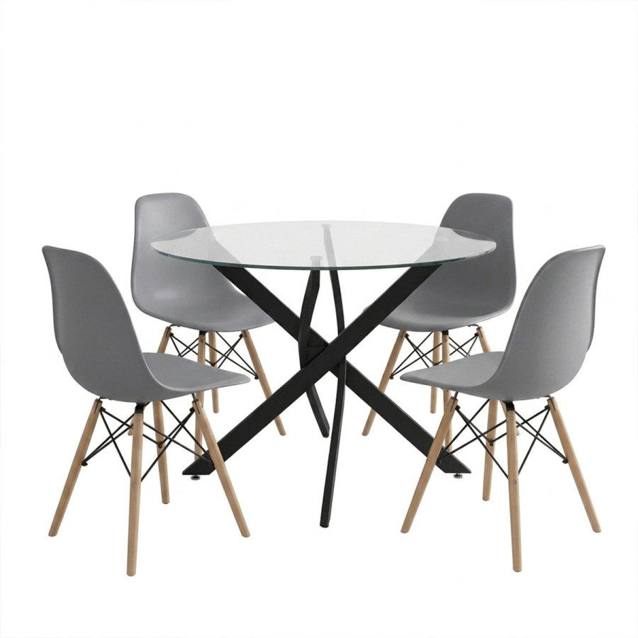 Set ngrënieje me karrige Julita gri dhe tavolinë Antoro xham me metal të zi Φ100x75cm Set 5 copë