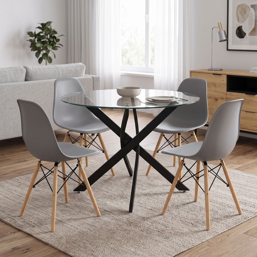 Set ngrënieje me karrige Julita gri dhe tavolinë Antoro xham me metal të zi Φ100x75cm Set 5 copë