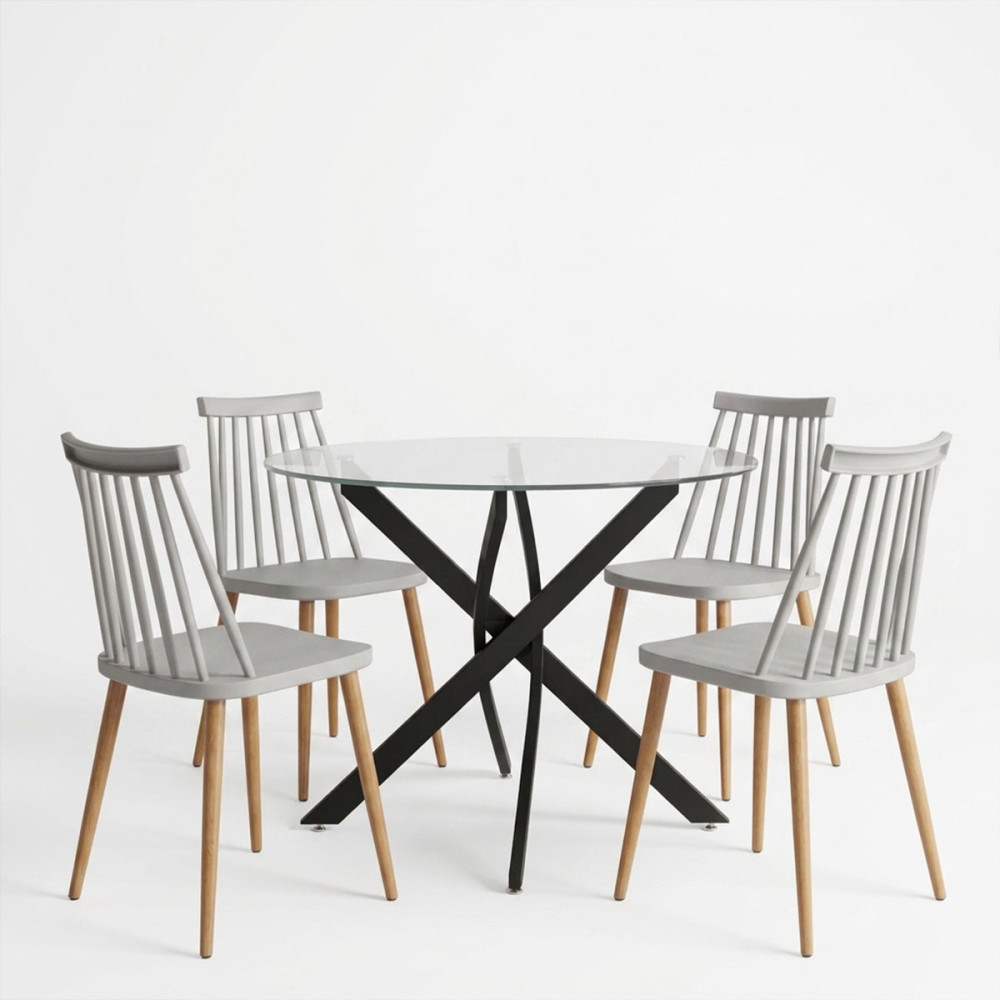 Set ngrënieje me karrige Aurora gri dhe tavolinë Antoro xham me metal të zi Φ100x75cm Set 5 copë