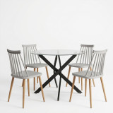 Set ngrënieje me karrige Aurora gri dhe tavolinë Antoro xham me metal të zi Φ100x75cm Set 5 copë