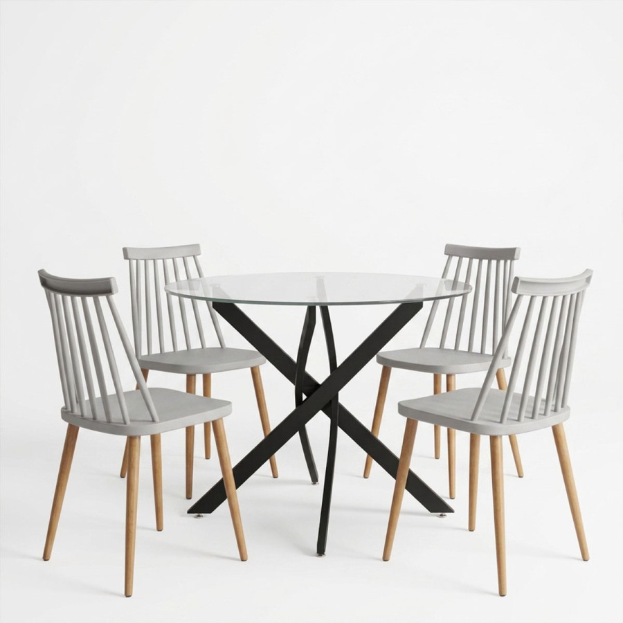 Set ngrënieje me karrige Aurora gri dhe tavolinë Antoro xham me metal të zi Φ100x75cm Set 5 copë
