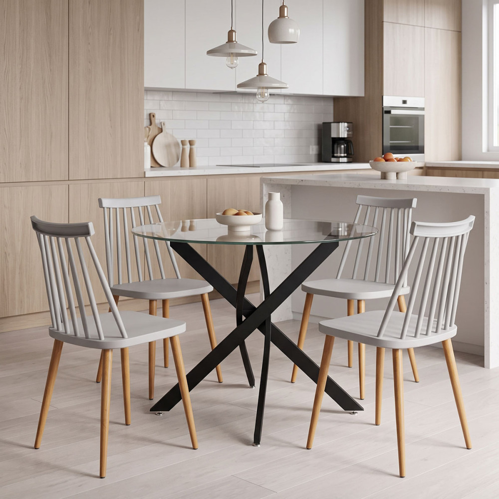 Set ngrënieje me karrige Aurora gri dhe tavolinë Antoro xham me metal të zi Φ100x75cm Set 5 copë