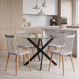 Set ngrënieje me karrige Aurora gri dhe tavolinë Antoro xham me metal të zi Φ100x75cm Set 5 copë