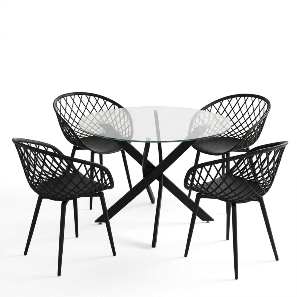 Set ngrënieje me karrige të zeza Ezra dhe tavolinë xhami Antoro me metal të zi Φ100x75cm Set 5 copë