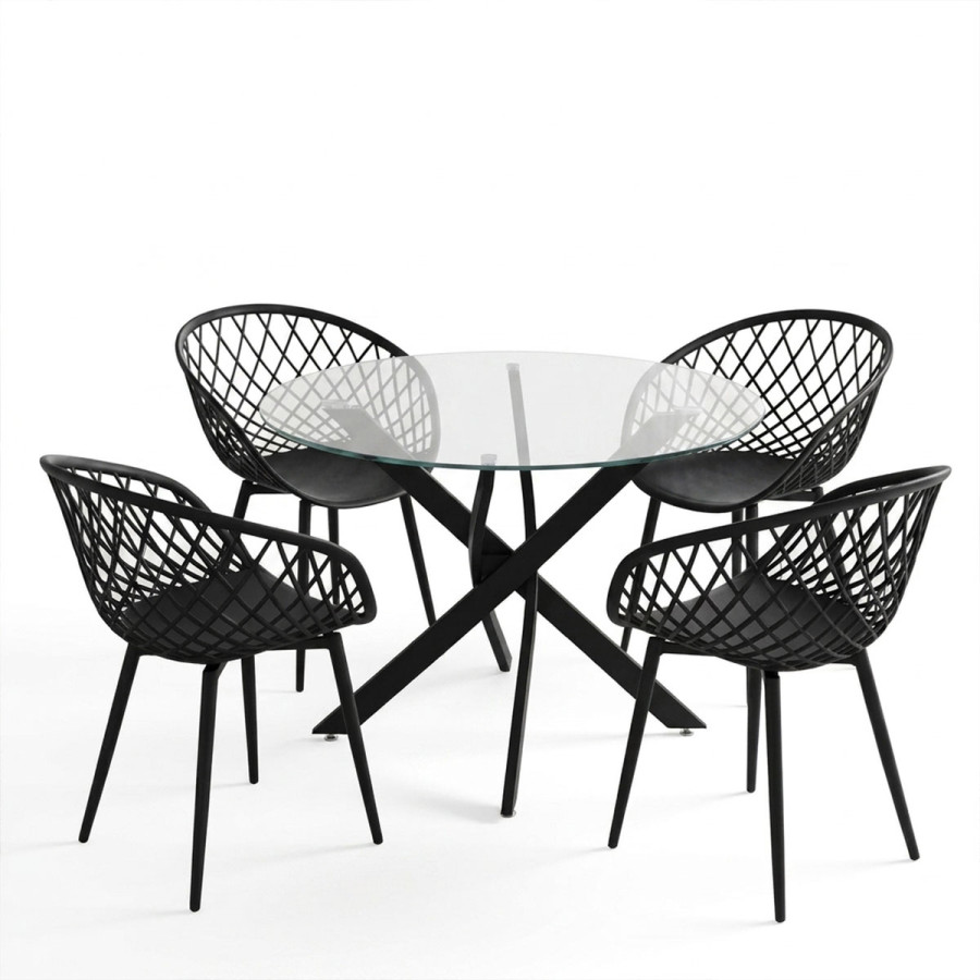 Set ngrënieje me karrige të zeza Ezra dhe tavolinë xhami Antoro me metal të zi Φ100x75cm Set 5 copë