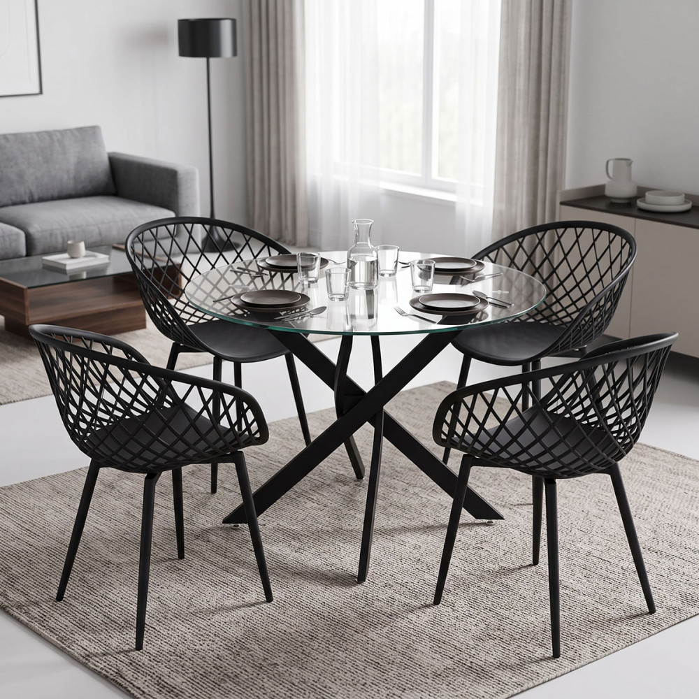 Set ngrënieje me karrige të zeza Ezra dhe tavolinë xhami Antoro me metal të zi Φ100x75cm Set 5 copë