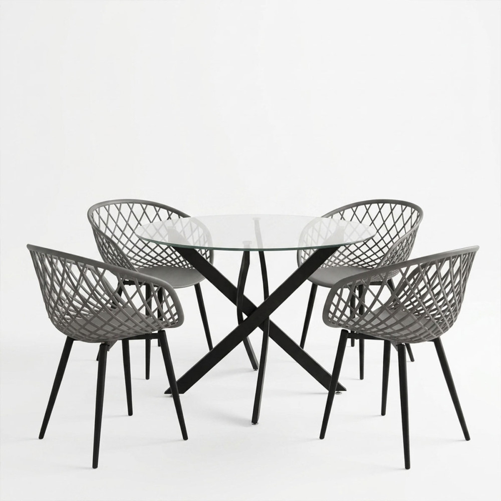 Set ngrënieje me karrige antracit Ezra dhe tavolinë xhami Antoro me metal të zi Φ100x75cm Set 5 copë