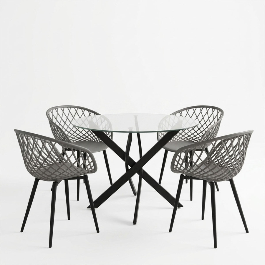 Set ngrënieje me karrige antracit Ezra dhe tavolinë xhami Antoro me metal të zi Φ100x75cm Set 5 copë