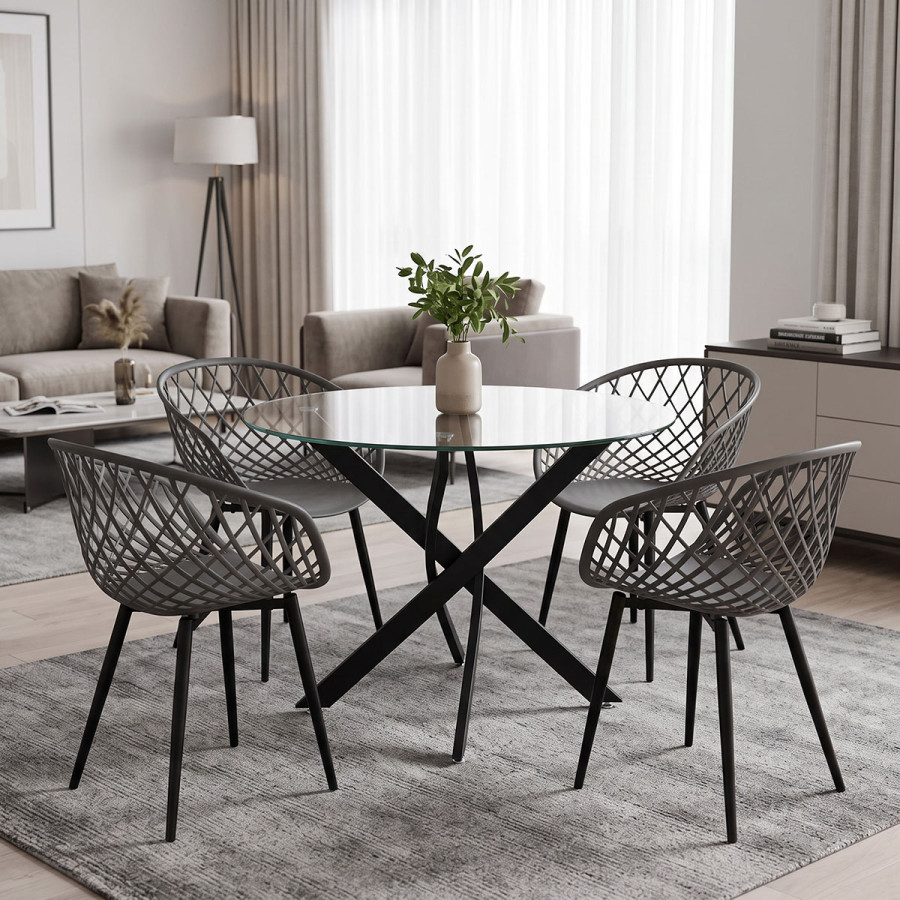 Set ngrënieje me karrige antracit Ezra dhe tavolinë xhami Antoro me metal të zi Φ100x75cm Set 5 copë