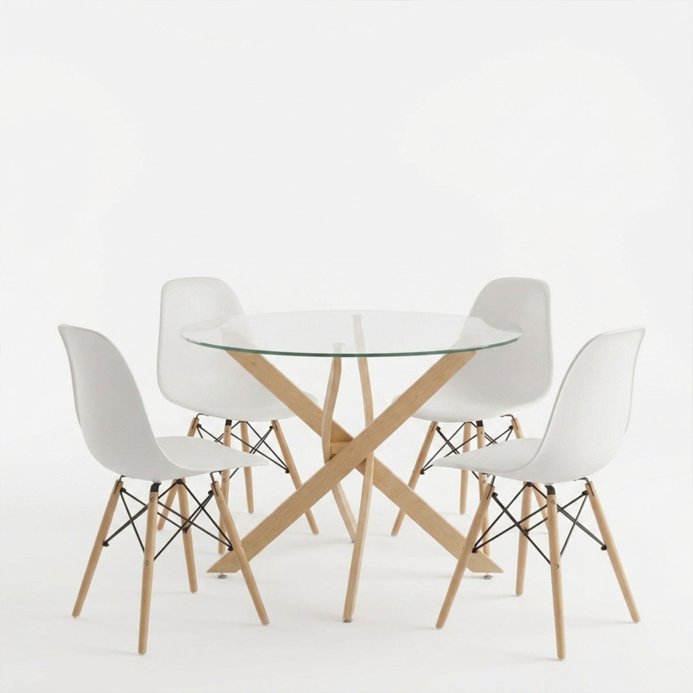 Set ngrënieje me karrige Julita të bardha dhe tavolinë Antoro xhami me metal në përfundim natyral Φ100x75cm Set 5 copë
