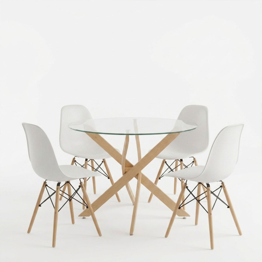 Set ngrënieje me karrige Julita të bardha dhe tavolinë Antoro xhami me metal në përfundim natyral Φ100x75cm Set 5 copë