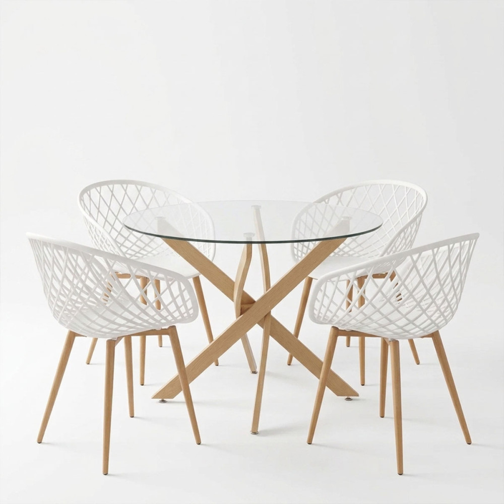 Set ngrënieje me karrige të bardha Ezra dhe tavolinë xhami Antoro me metal në ngjyrë natyrale Φ100x75cm Set 5 copë