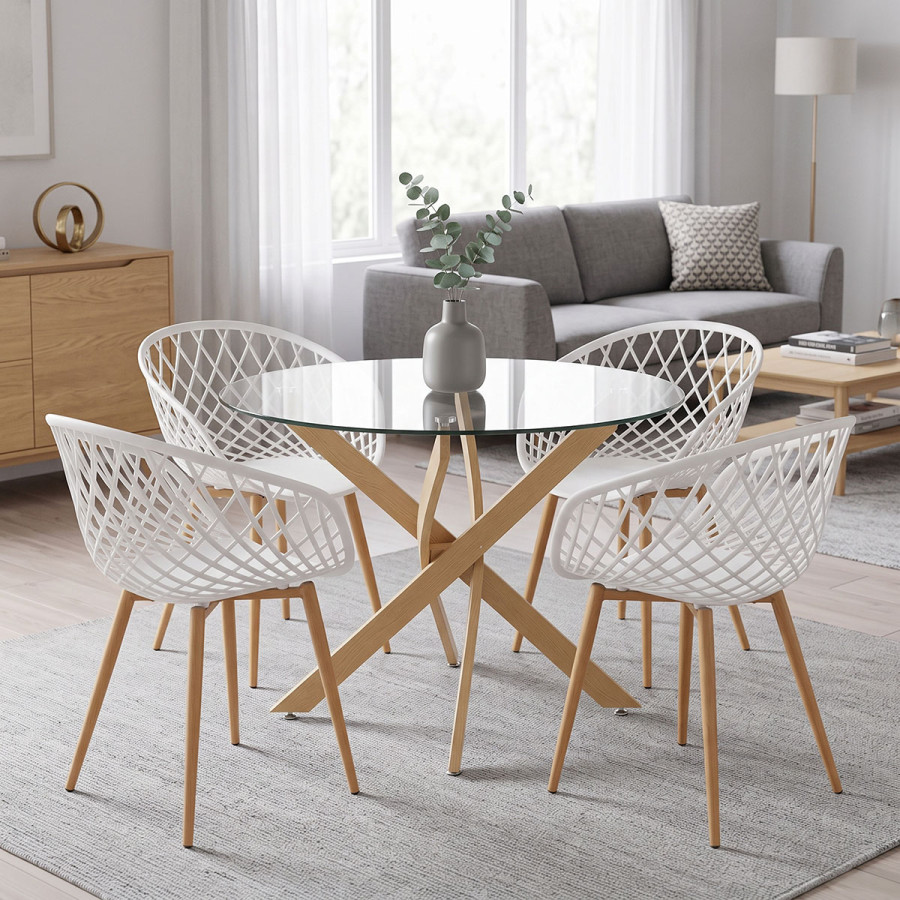 Set ngrënieje me karrige të bardha Ezra dhe tavolinë xhami Antoro me metal në ngjyrë natyrale Φ100x75cm Set 5 copë