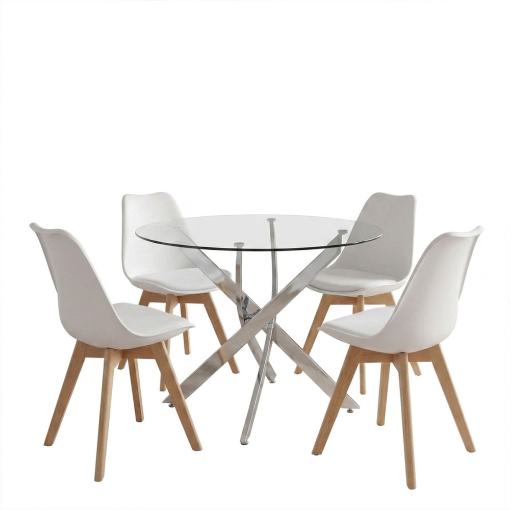 Set ngrënieje me karrige Gaston të bardha dhe tavolinë Antoro xhami me bazë kromi Φ100x75cm Set 5 copë