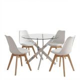 Set ngrënieje me karrige Gaston të bardha dhe tavolinë Antoro xhami me bazë kromi Φ100x75cm Set 5 copë