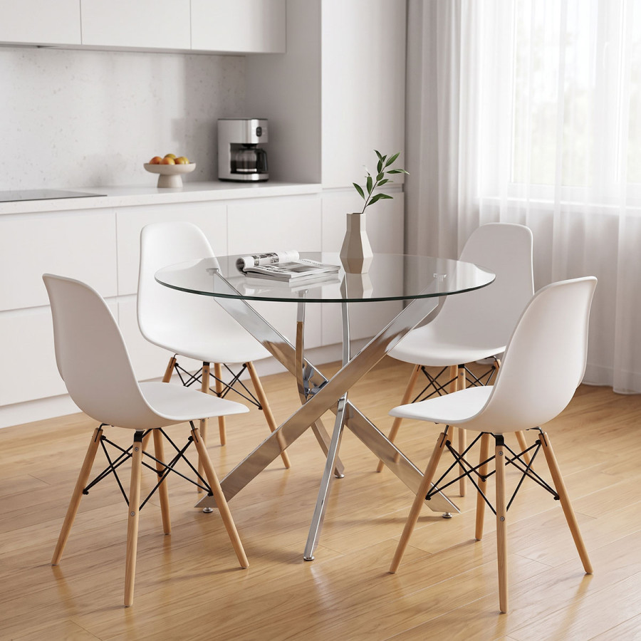 Set ngrënie me karrige Julita të bardha dhe tavolinë xhami Antoro me bazë kromi Φ100x75cm Set 5 copë