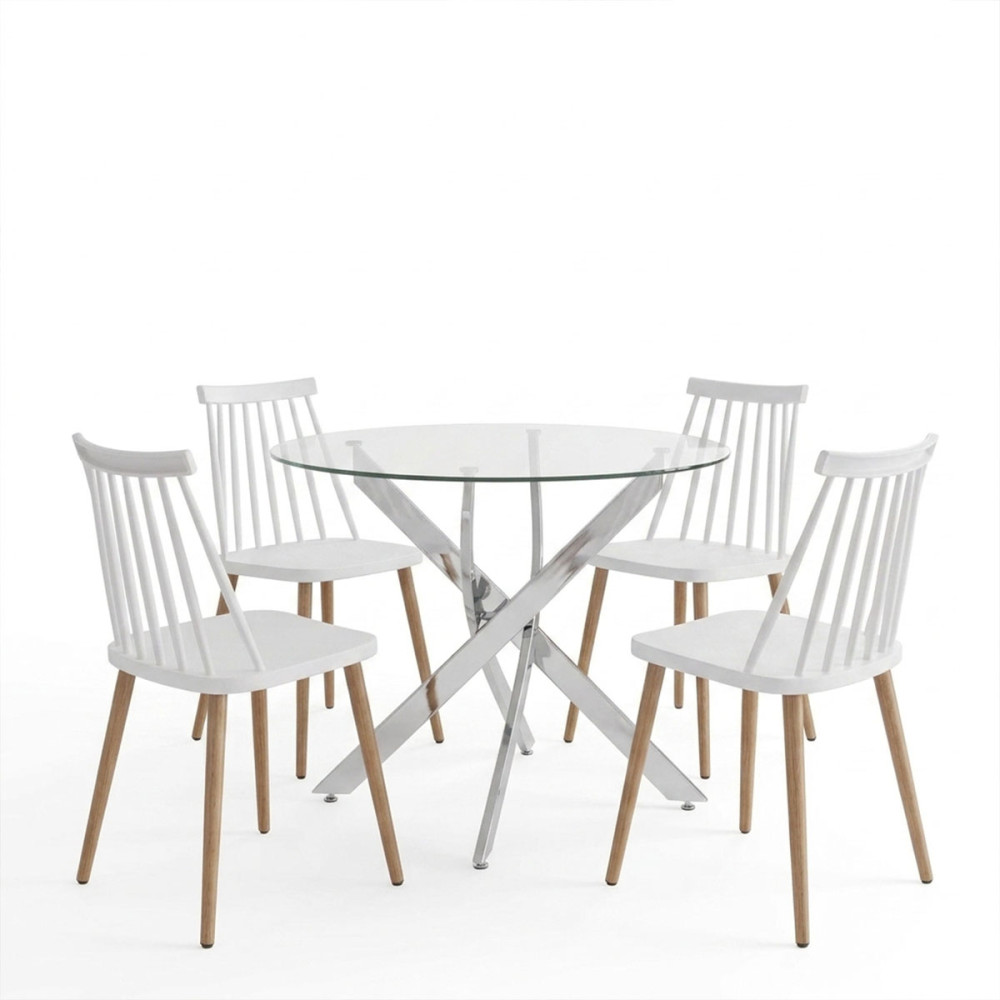 Set ngrënieje me karrige Aurora të bardha dhe tavolinë Antoro xhami me bazë kromi Φ100x75cm Set 5 copë