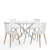 Set ngrënieje me karrige Aurora të bardha dhe tavolinë Antoro xhami me bazë kromi Φ100x75cm Set 5 copë