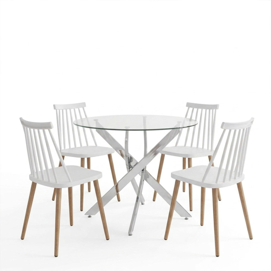 Set ngrënieje me karrige Aurora të bardha dhe tavolinë Antoro xhami me bazë kromi Φ100x75cm Set 5 copë